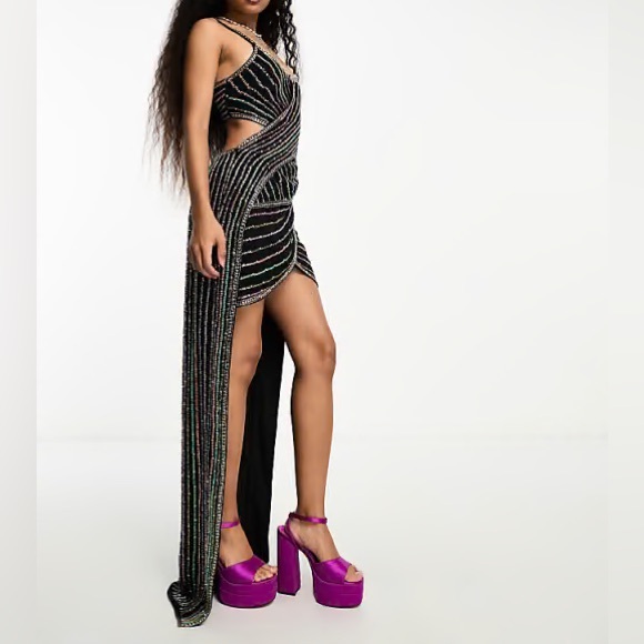 ASOS DESIGN strappy embellished maxi dress with linear gem beading in black - Picture 1 of 5